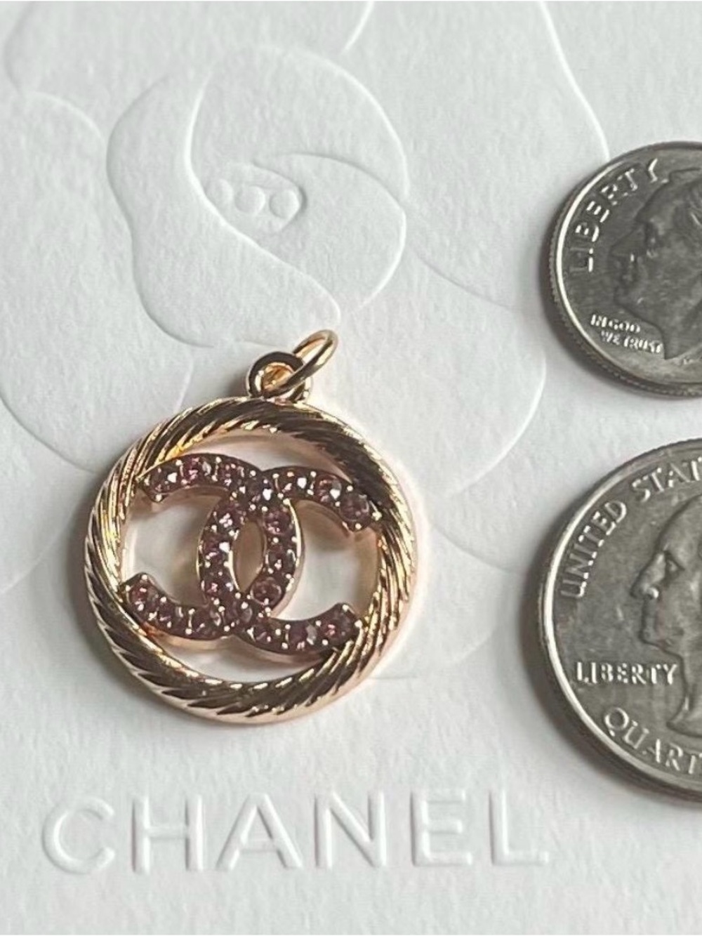CHANEL Gold-Tone Pendant Necklace with Pink Crystal CC Emblem - Picture 3 of 7